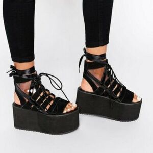 Y.R.U Medusa lo black suede Lace-Up Platform Sandal - Grunge Goth  Women's 11